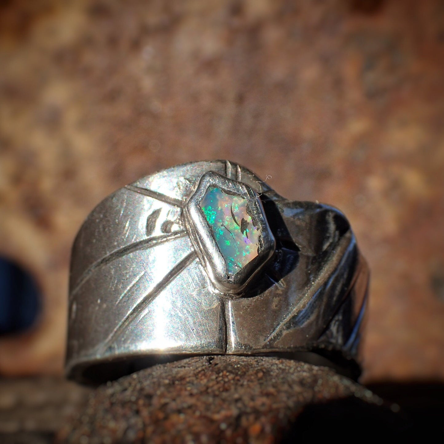 Raw Reef Blue Opal Silver Band ~ US size 10.25