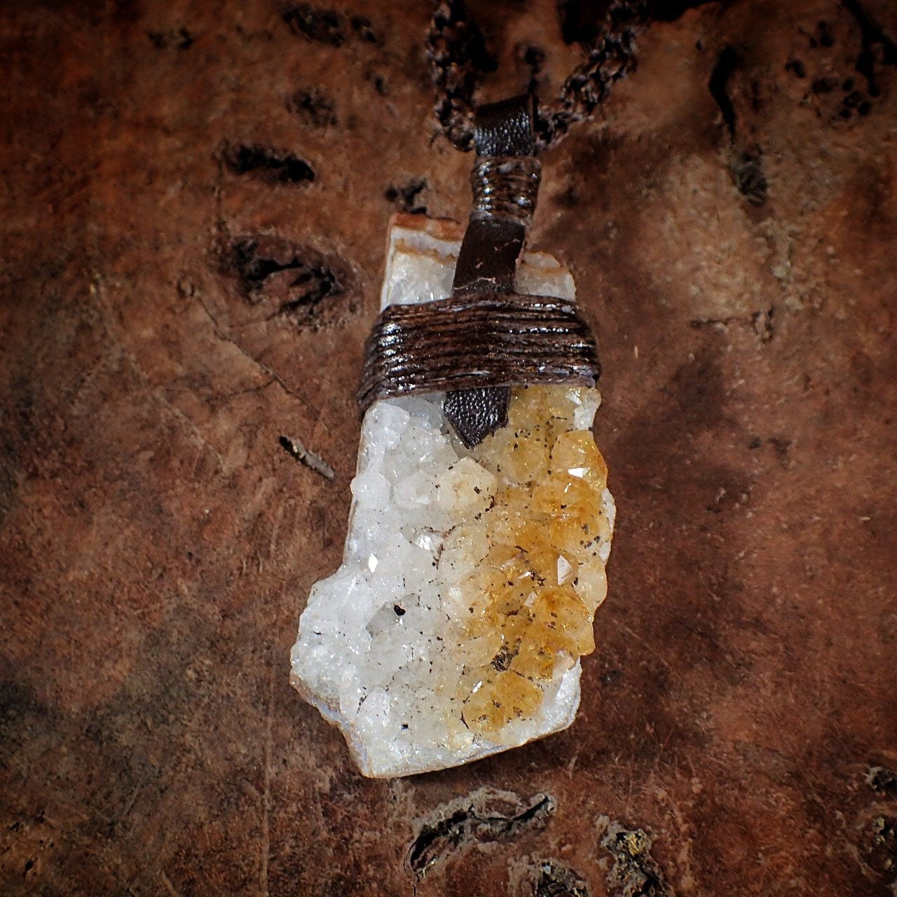 Citrine Cluster Pendant on Hand Woven Adjustable Black Macrame Necklace Cord