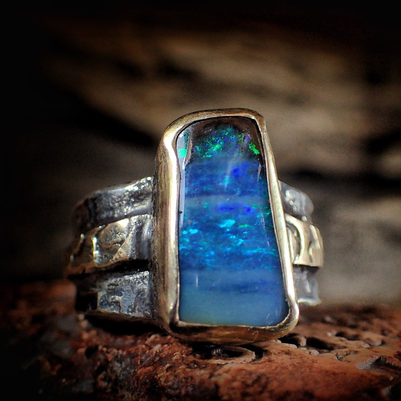 Boulder Opal in Textured Gold and Silver Ring ~ Aztec Pirate Style / Band US Size 11