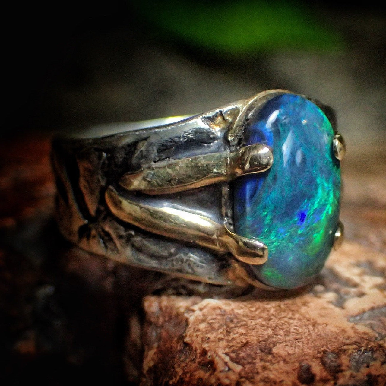 Solid Lightning Ridge Opal in Textured Silver Ring with Gold Embellishments ~ Bohemian Pirate Style / Band US Size 9.75