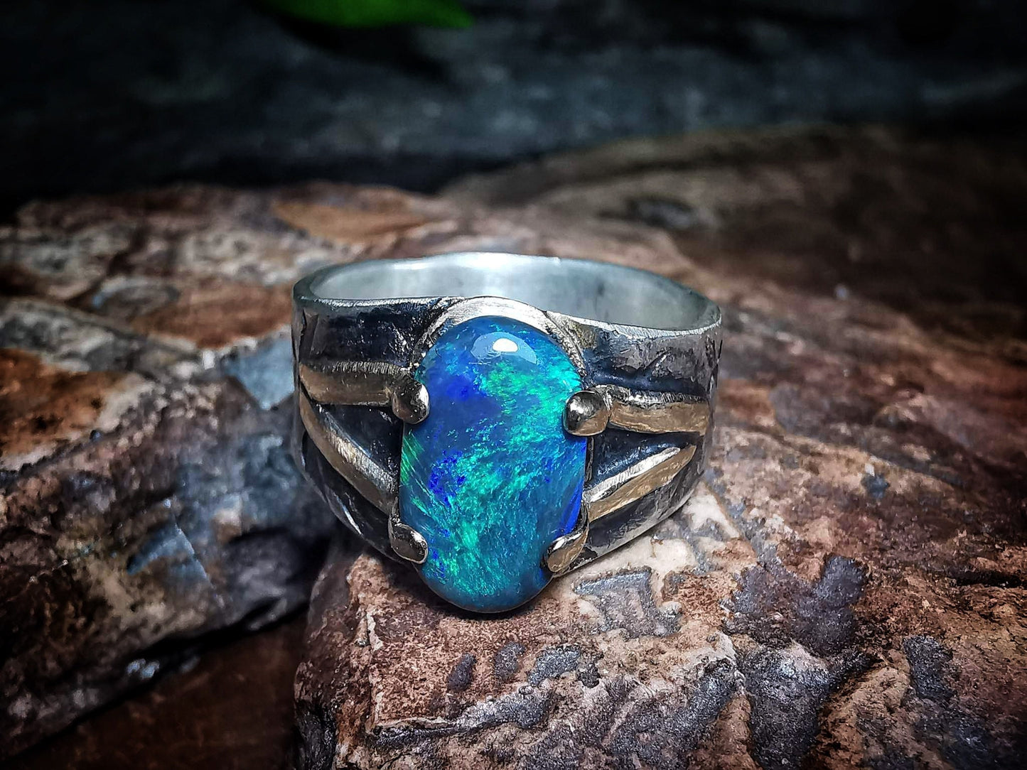 Solid Lightning Ridge Opal in Textured Silver Ring with Gold Embellishments ~ Bohemian Pirate Style / Band US Size 9.75