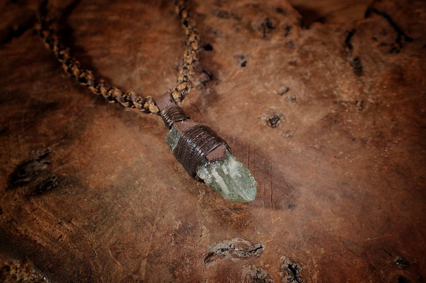 Green Quartz Pendant with Adjustable Hand Woven Macrame Style Necklace