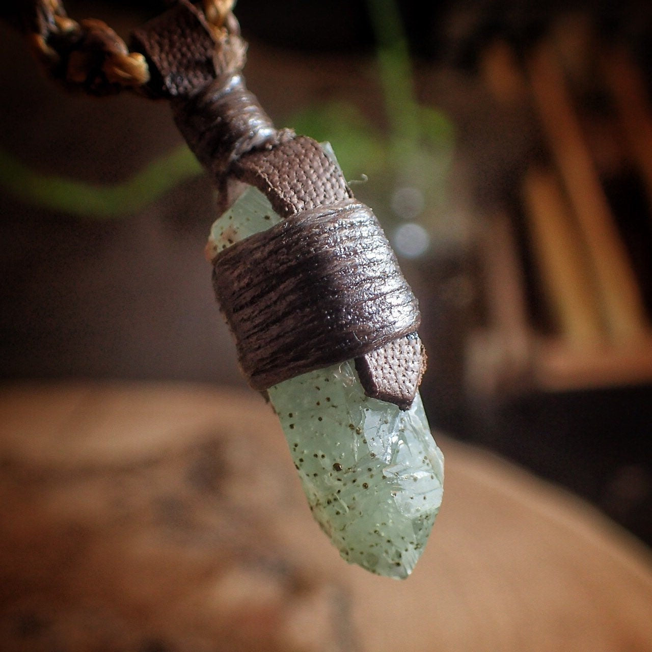 Green Quartz Pendant with Adjustable Hand Woven Macrame Style Necklace