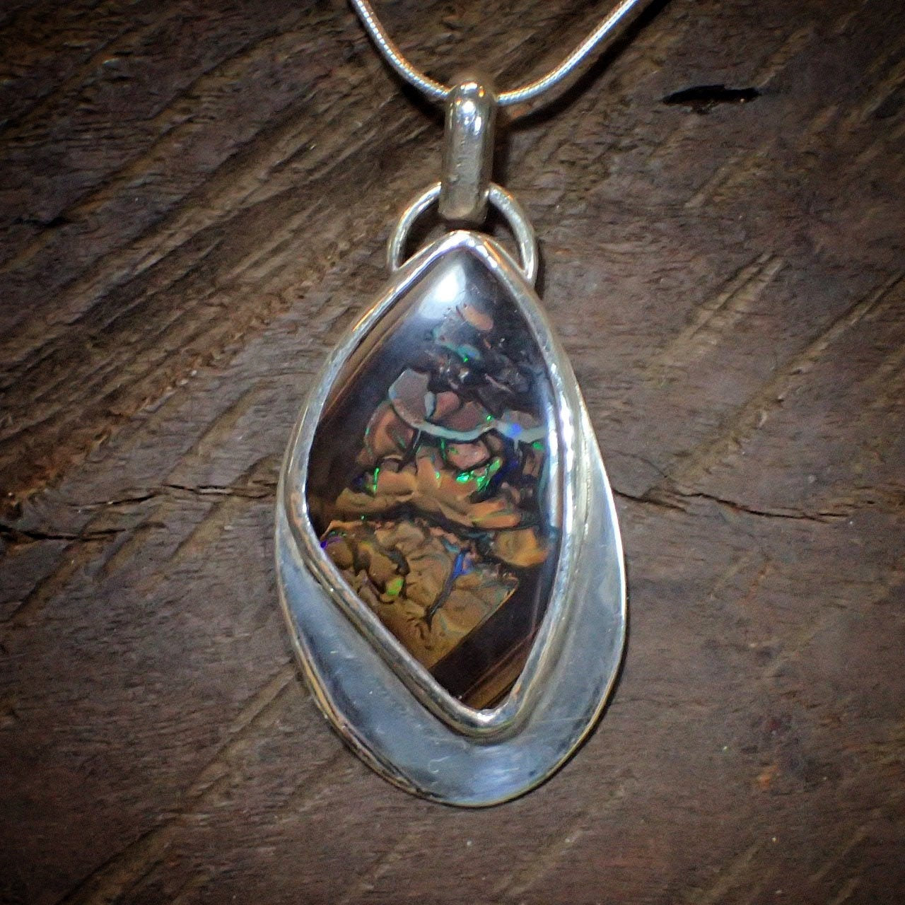 Beautiful Boulder Opal and Silver Pendant on a Snake Chain