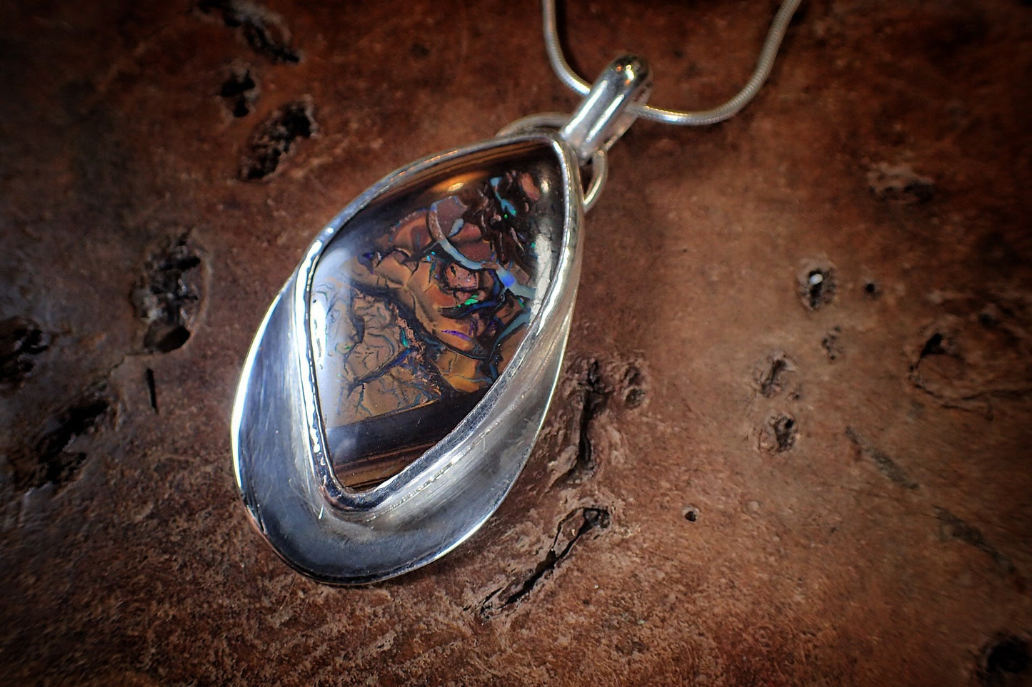 Beautiful Boulder Opal and Silver Pendant on a Snake Chain