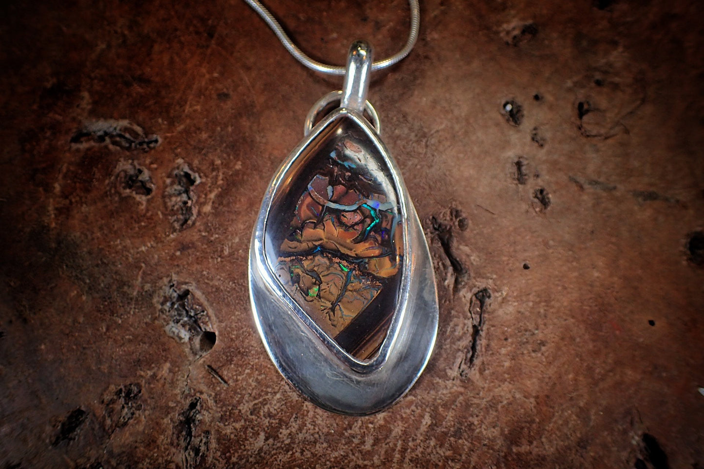 Beautiful Boulder Opal and Silver Pendant on a Snake Chain