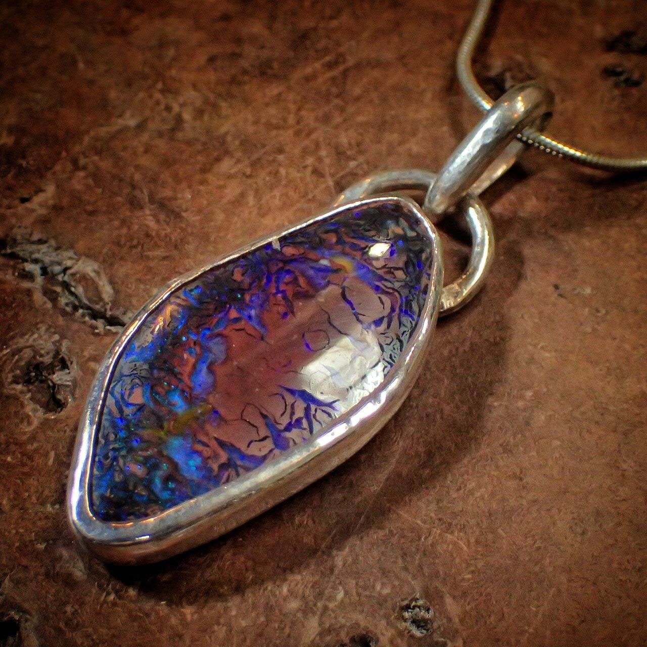 Incredible Rich Boulder Opal and Silver Pendant on a Snake Chain