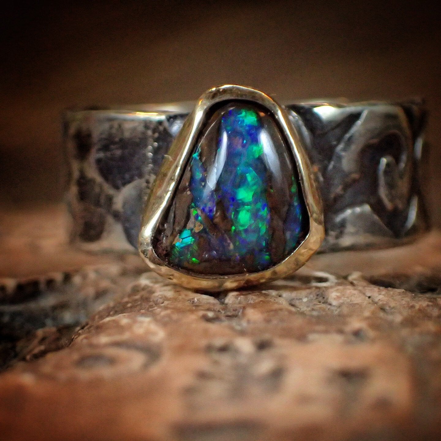 Electric Green And Blue Boulder Opal in Chunky Textured Gold and Silver Ring ~ Band US Size 9