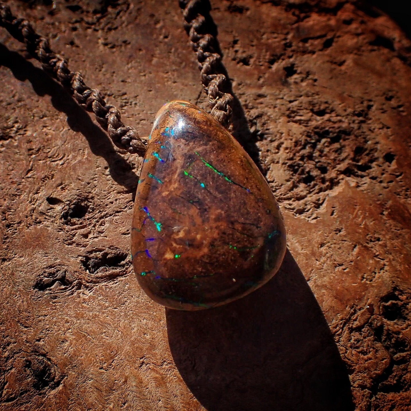 Chunky, Electric Green Boulder Opal Pendant On Hand Woven Adjustable Macrame Style Necklace