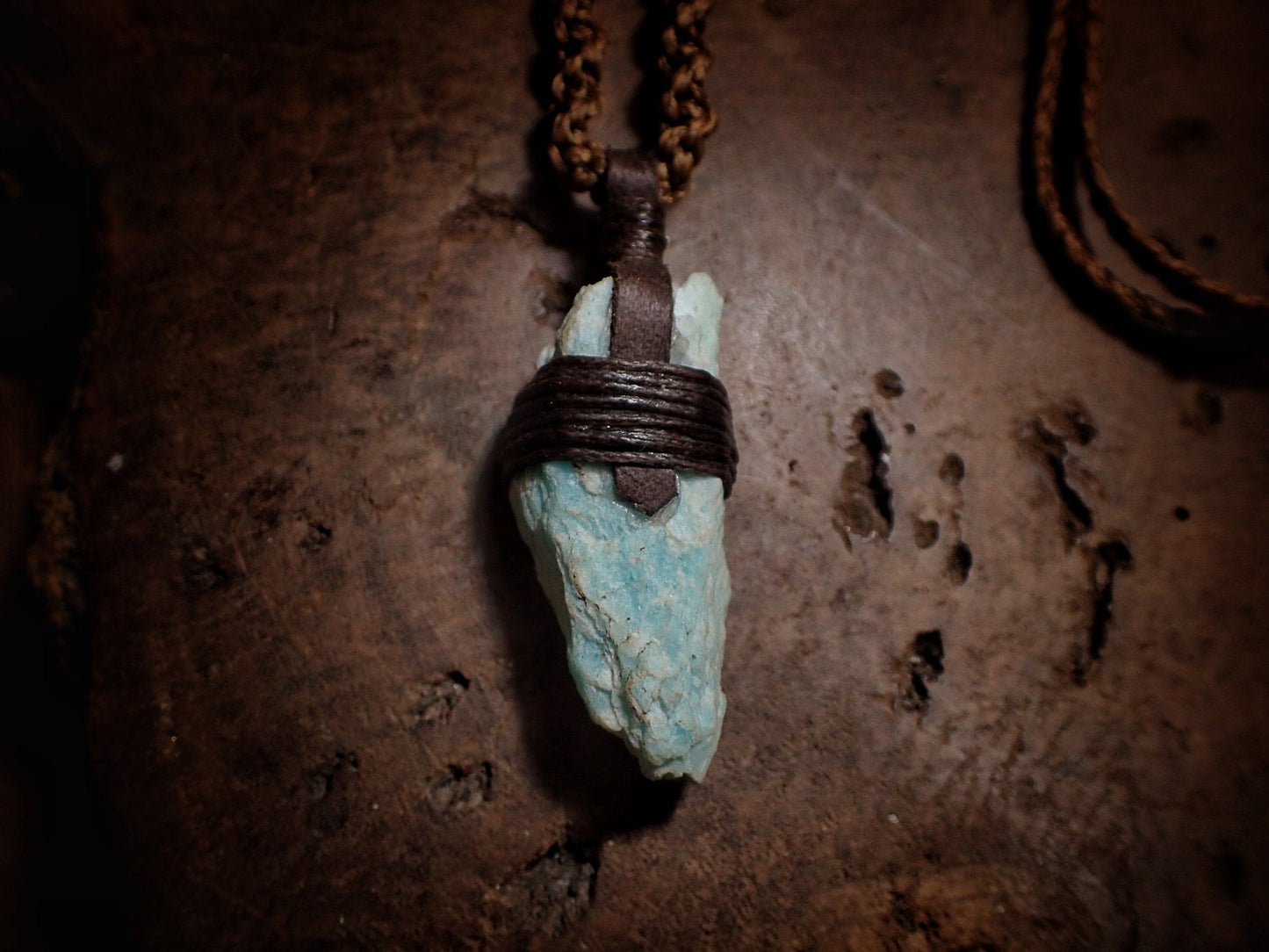 Tribal Amazonite Pendant with Hand Woven Adjustable Spiraling Macrame Cord