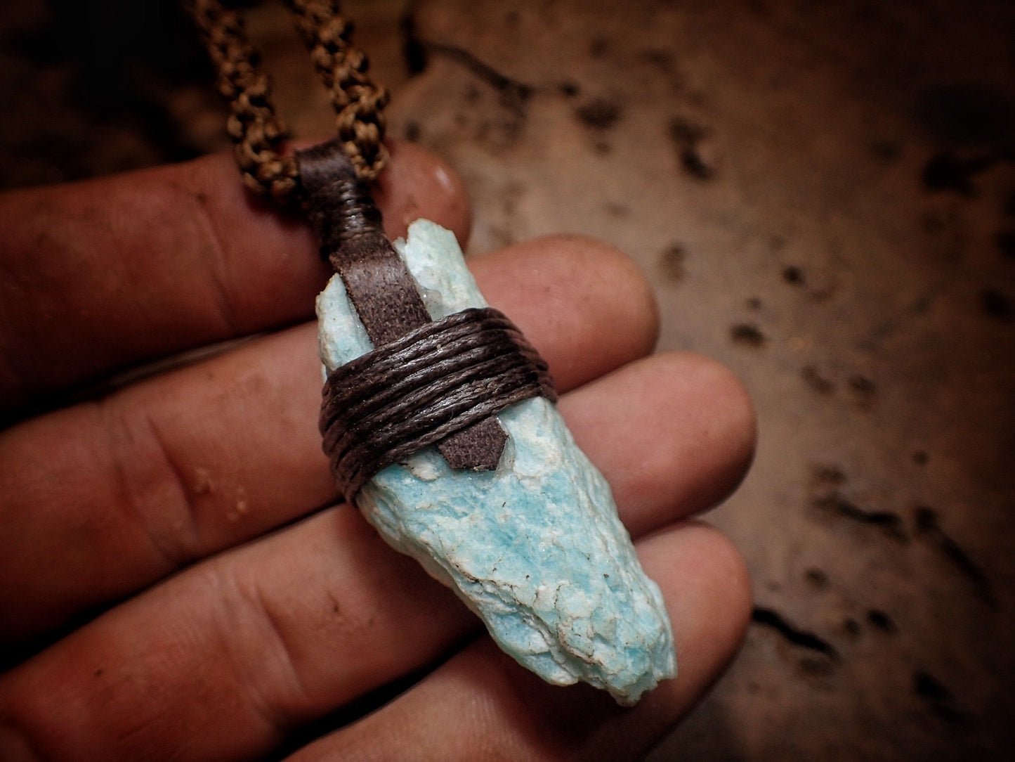 Tribal Amazonite Pendant with Hand Woven Adjustable Spiraling Macrame Cord
