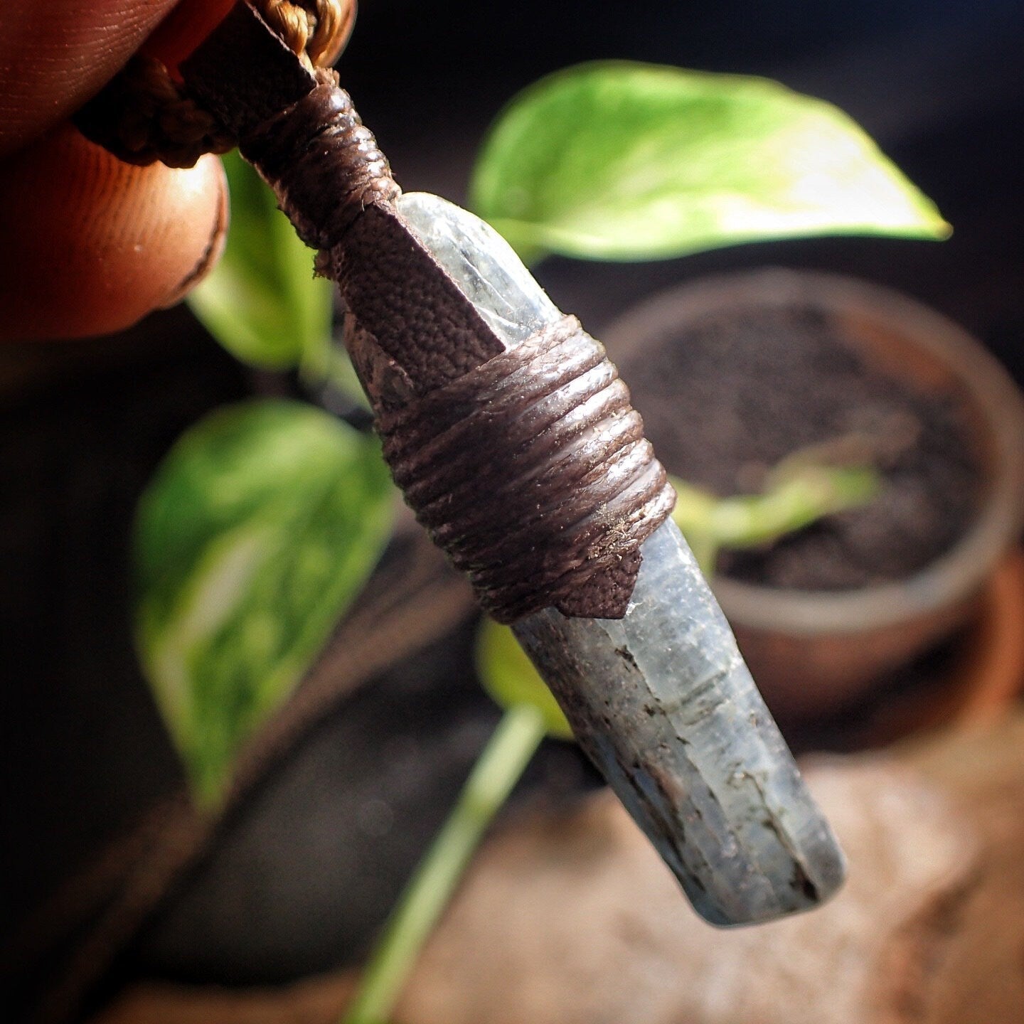 Blue Australian Kyanite Crystal Pendant on Adjustable Hand Woven Macrame Style Necklace