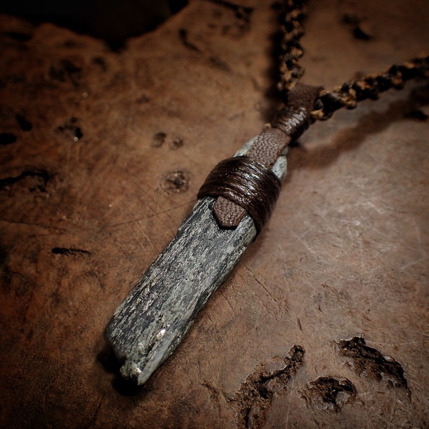 Blue Australian Kyanite Crystal Pendant on Adjustable Hand Woven Macrame Style Necklace