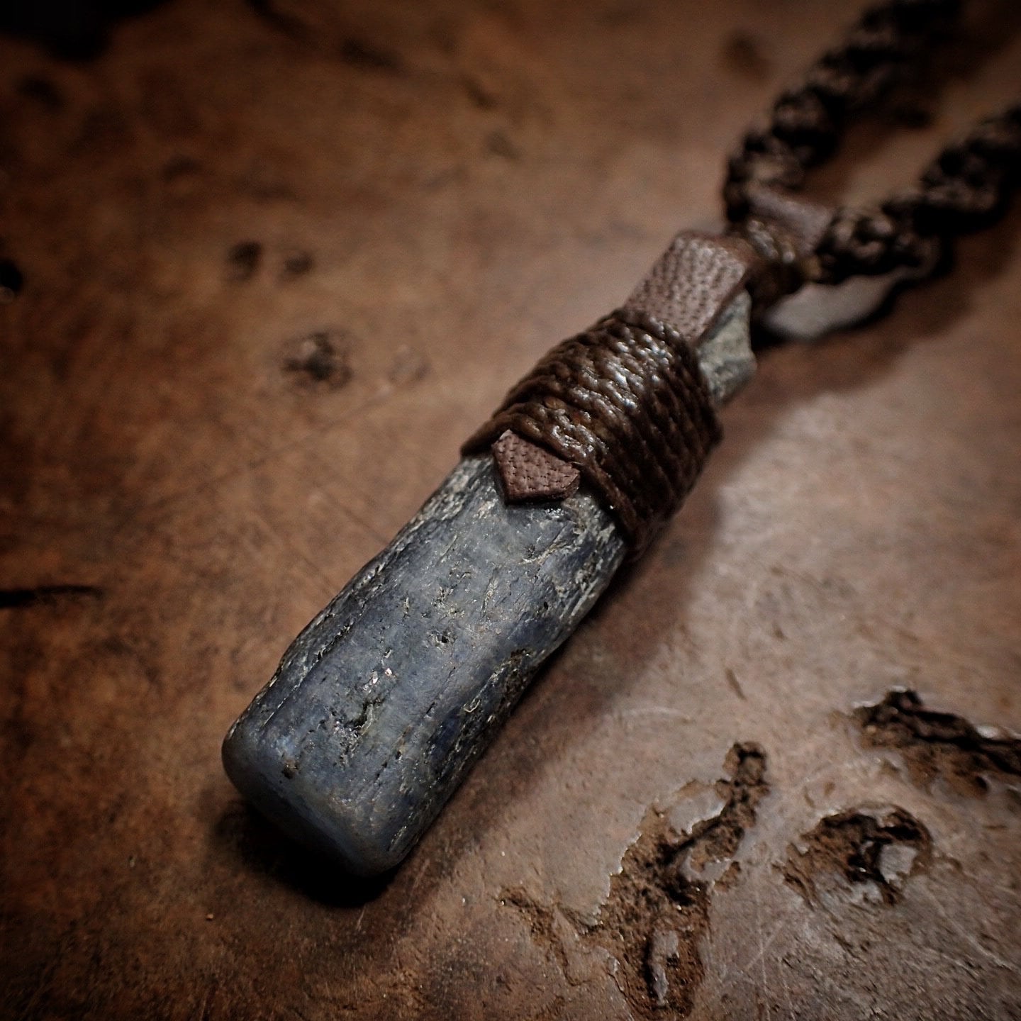 Blue Australian Kyanite Crystal Pendant on Adjustable Hand Woven Macrame Style Necklace