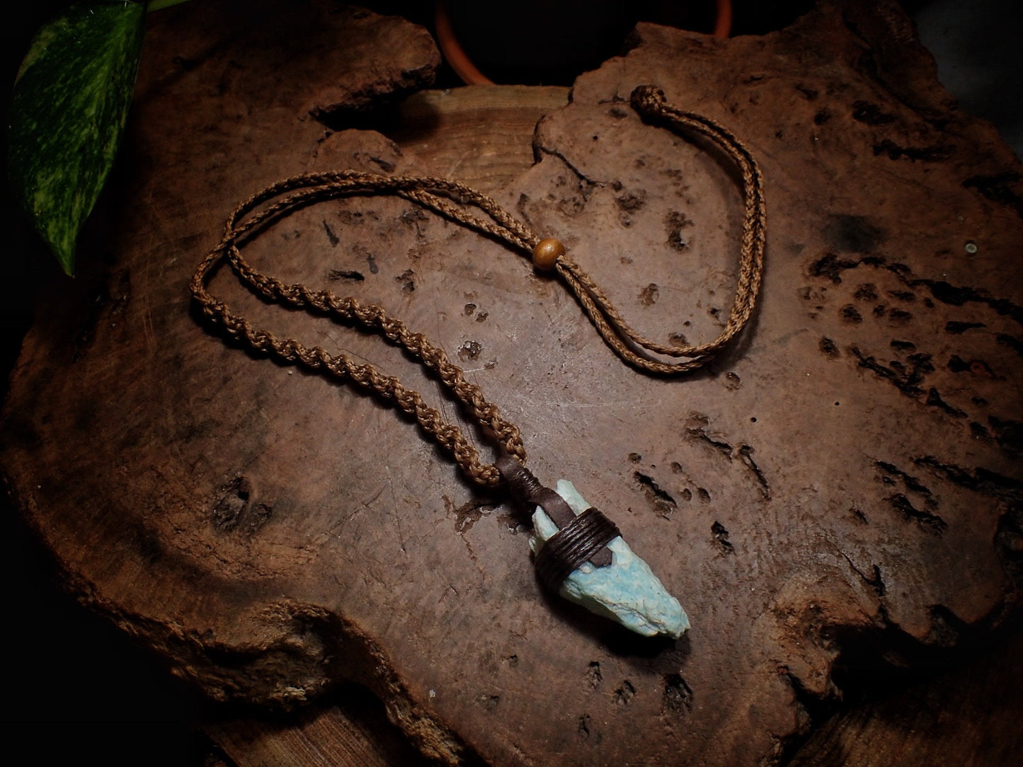 Tribal Amazonite Pendant with Hand Woven Adjustable Spiraling Macrame Cord