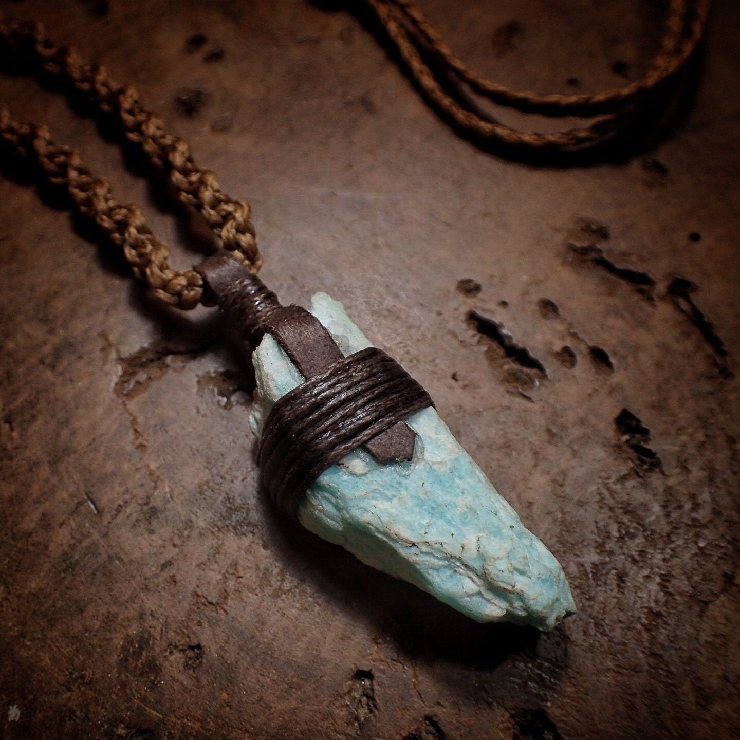 Tribal Amazonite Pendant with Hand Woven Adjustable Spiraling Macrame Cord