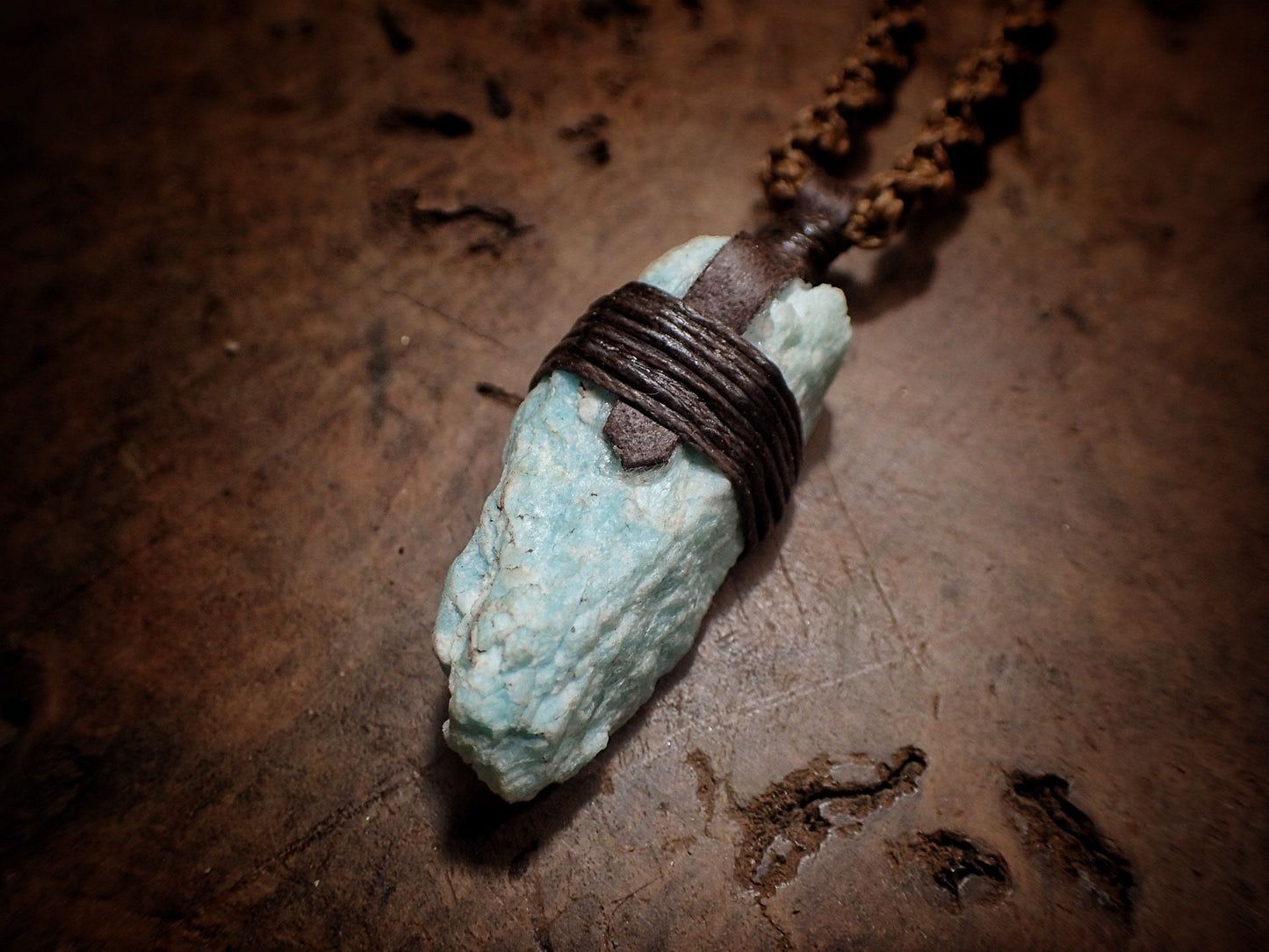 Tribal Amazonite Pendant with Hand Woven Adjustable Spiraling Macrame Cord