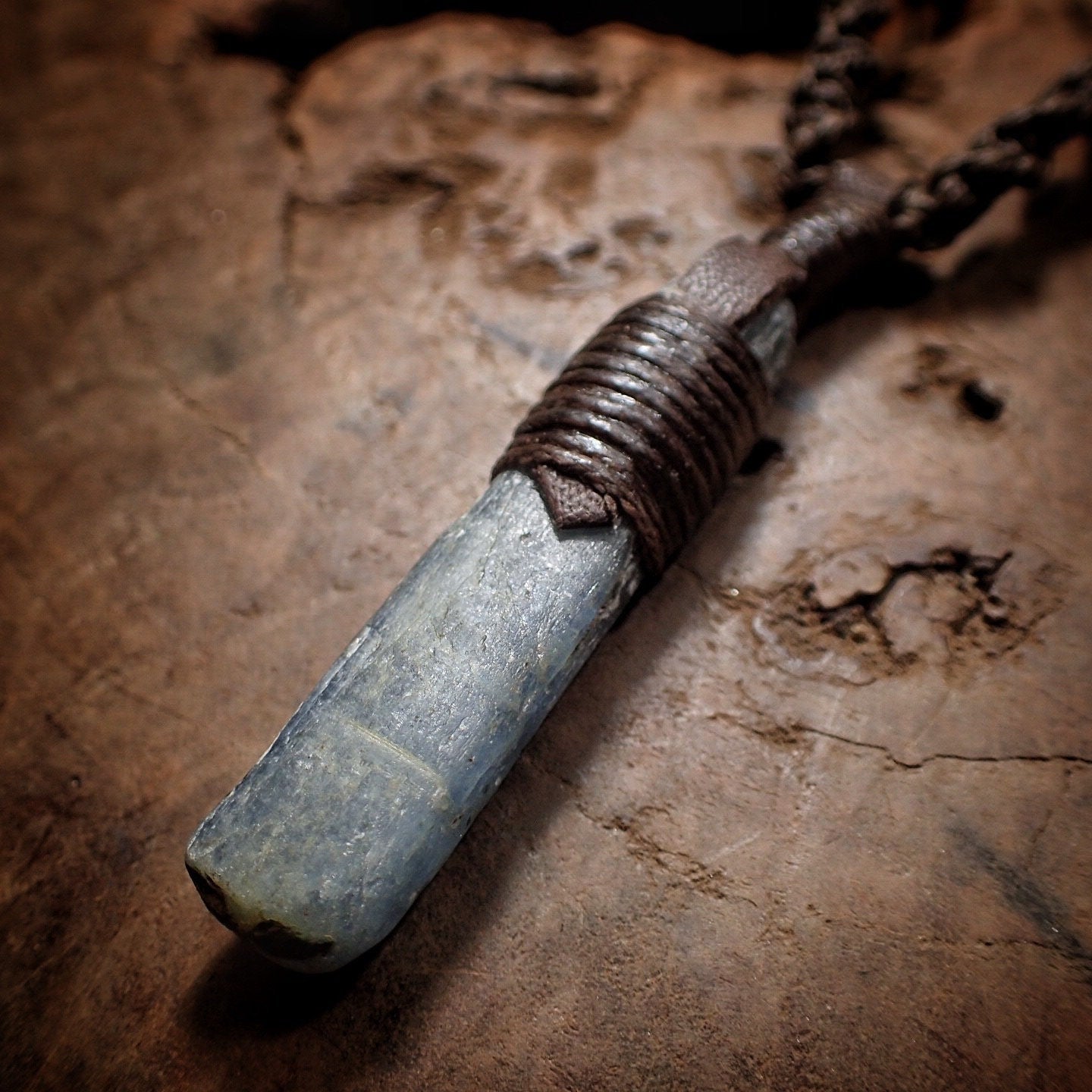 Blue Australian Kyanite Crystal Pendant on Adjustable Hand Woven Macrame Style Necklace