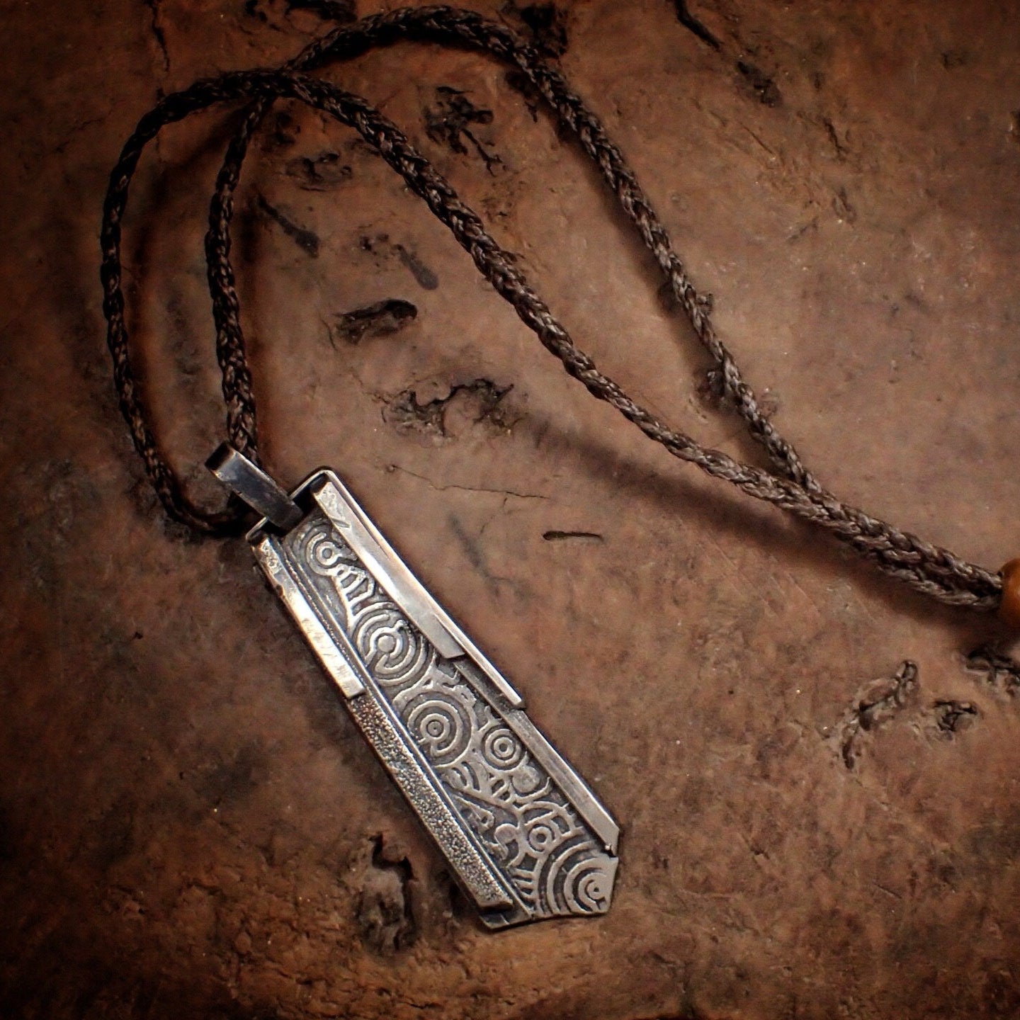 Galactic Portal Amulet / Alien Dog Tag ~ Textured Silver Pendant on Hand Woven Nacklace 3/4