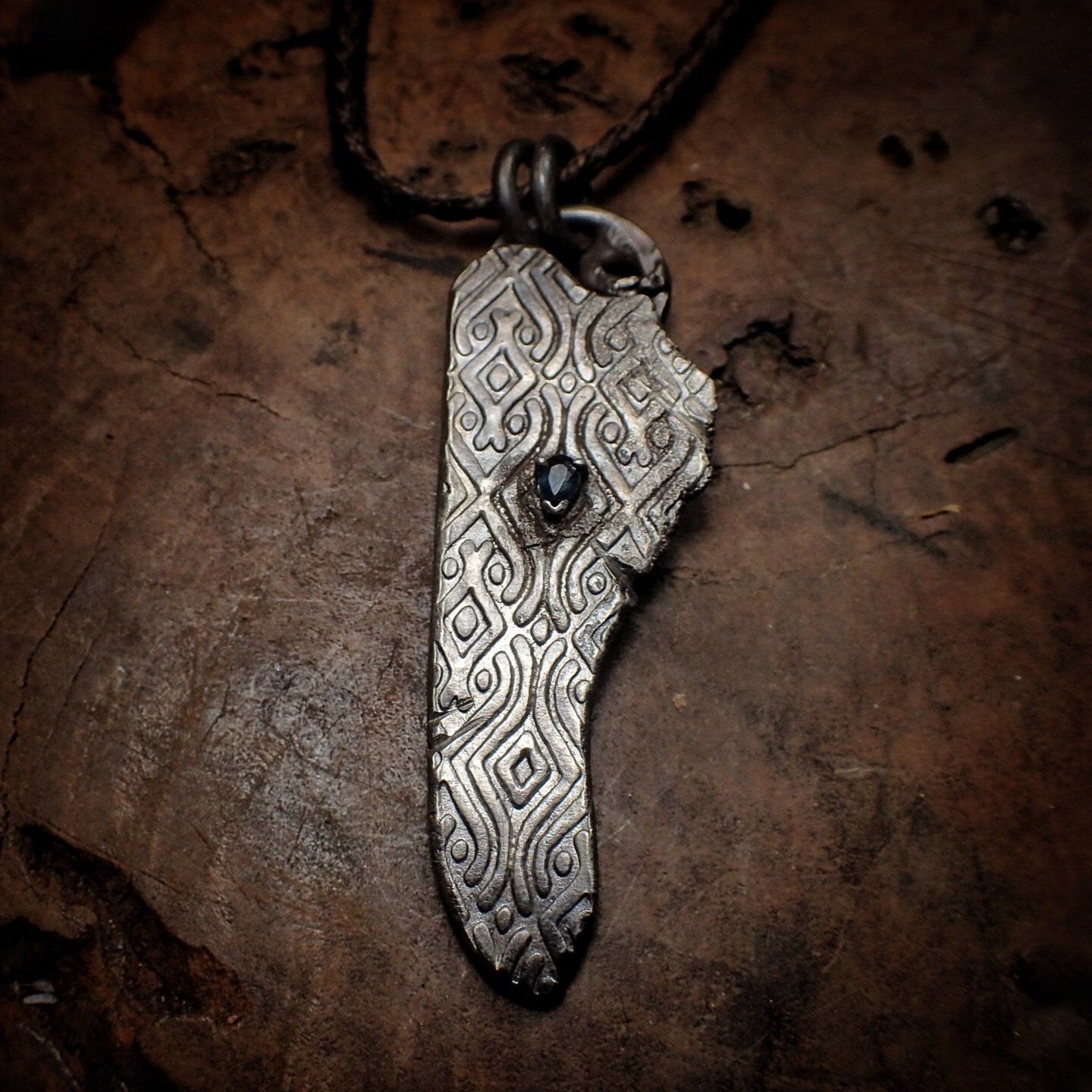 Temple Relic Amulet with Sapphire ~ Unique Rustic Texture Silver Pendant