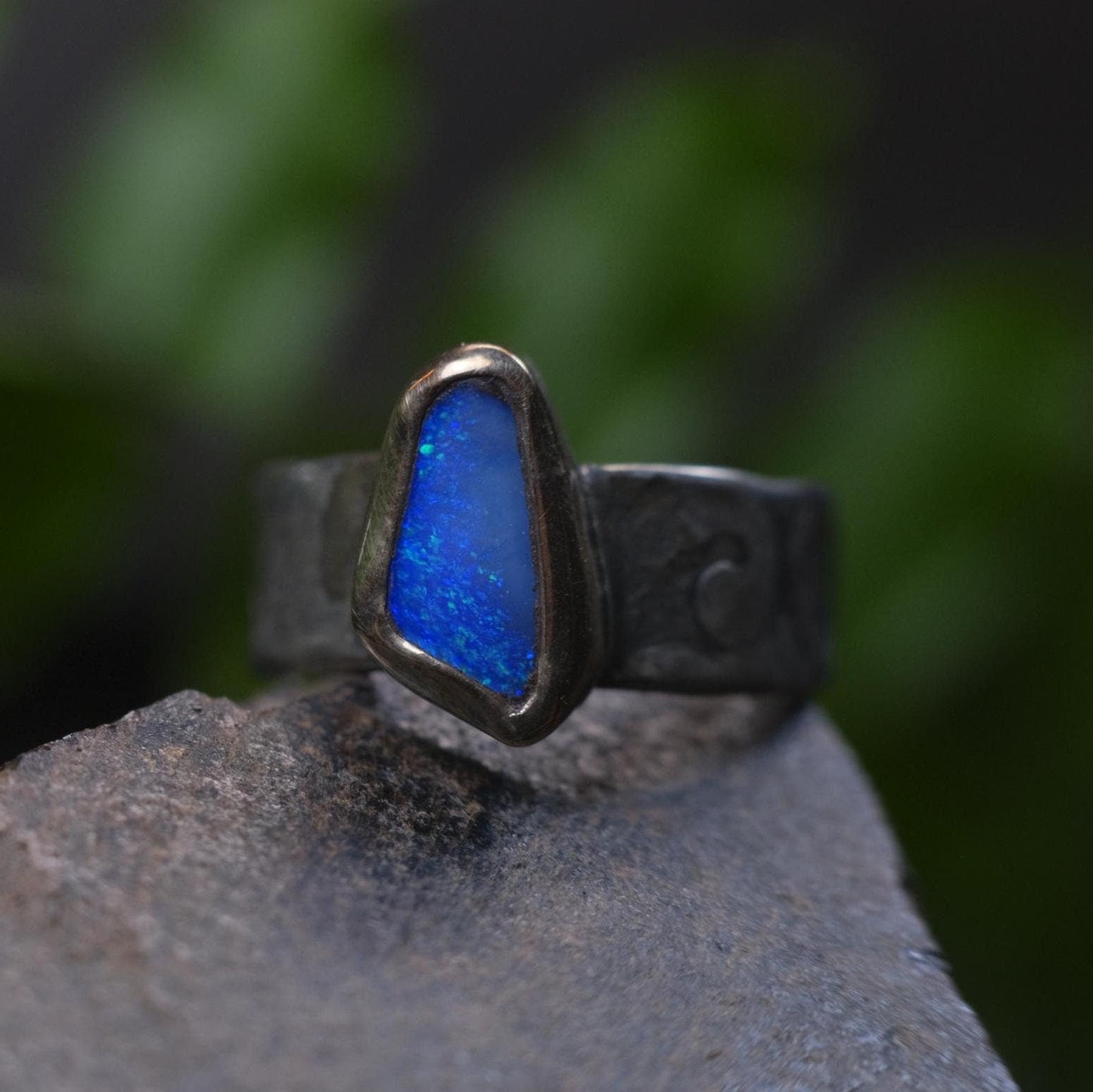 Bold Electric Blue Australian Opal Set in 9 ct Gold on a textured Sterling Silver Ring