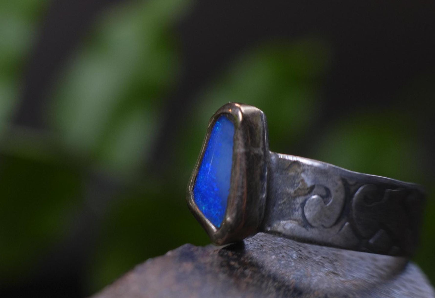 Bold Electric Blue Australian Opal Set in 9 ct Gold on a textured Sterling Silver Ring