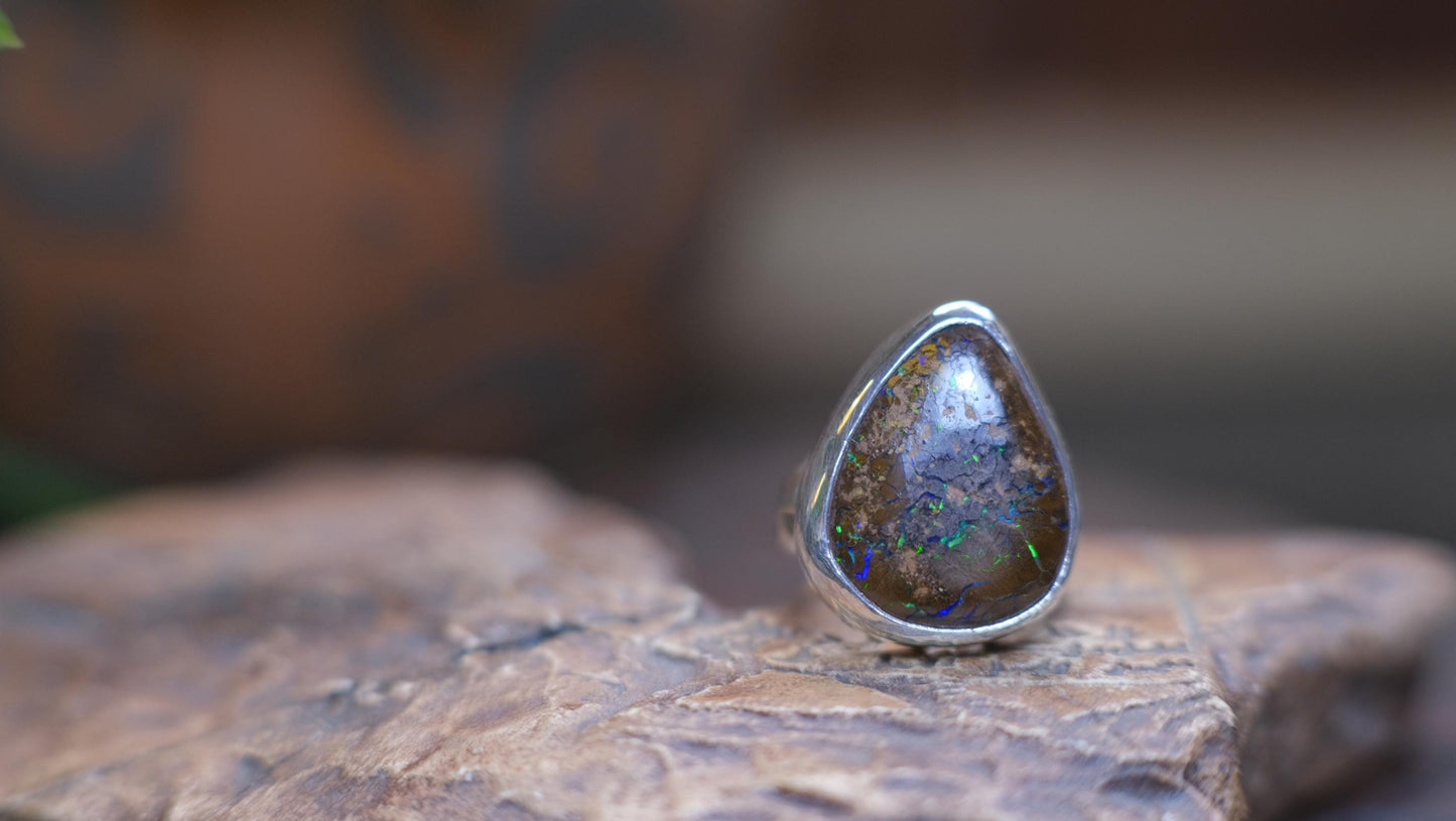 Large Bubble Banded Matrix Australian Opal and Sterling Silver Ring