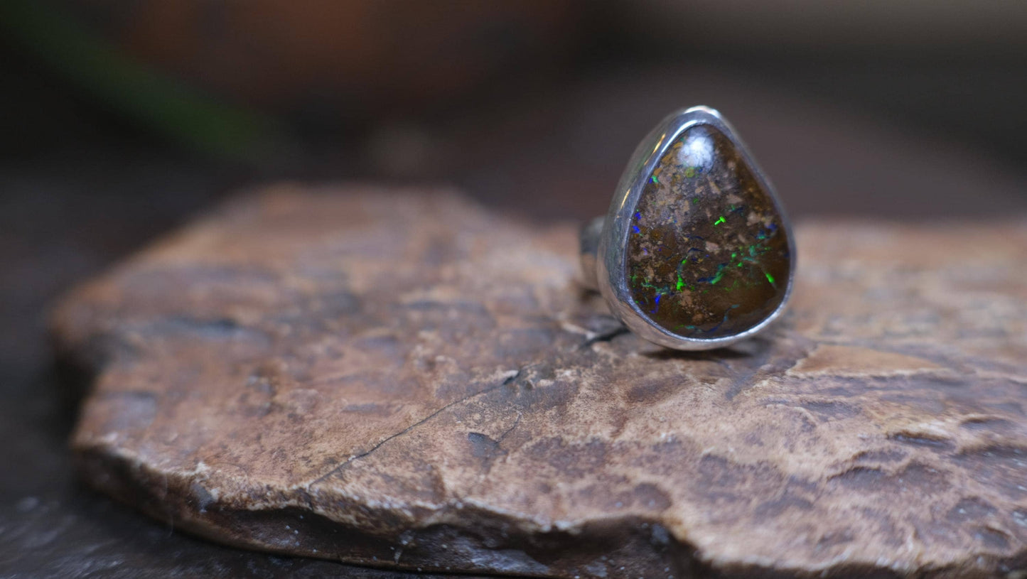Large Bubble Banded Matrix Australian Opal and Sterling Silver Ring