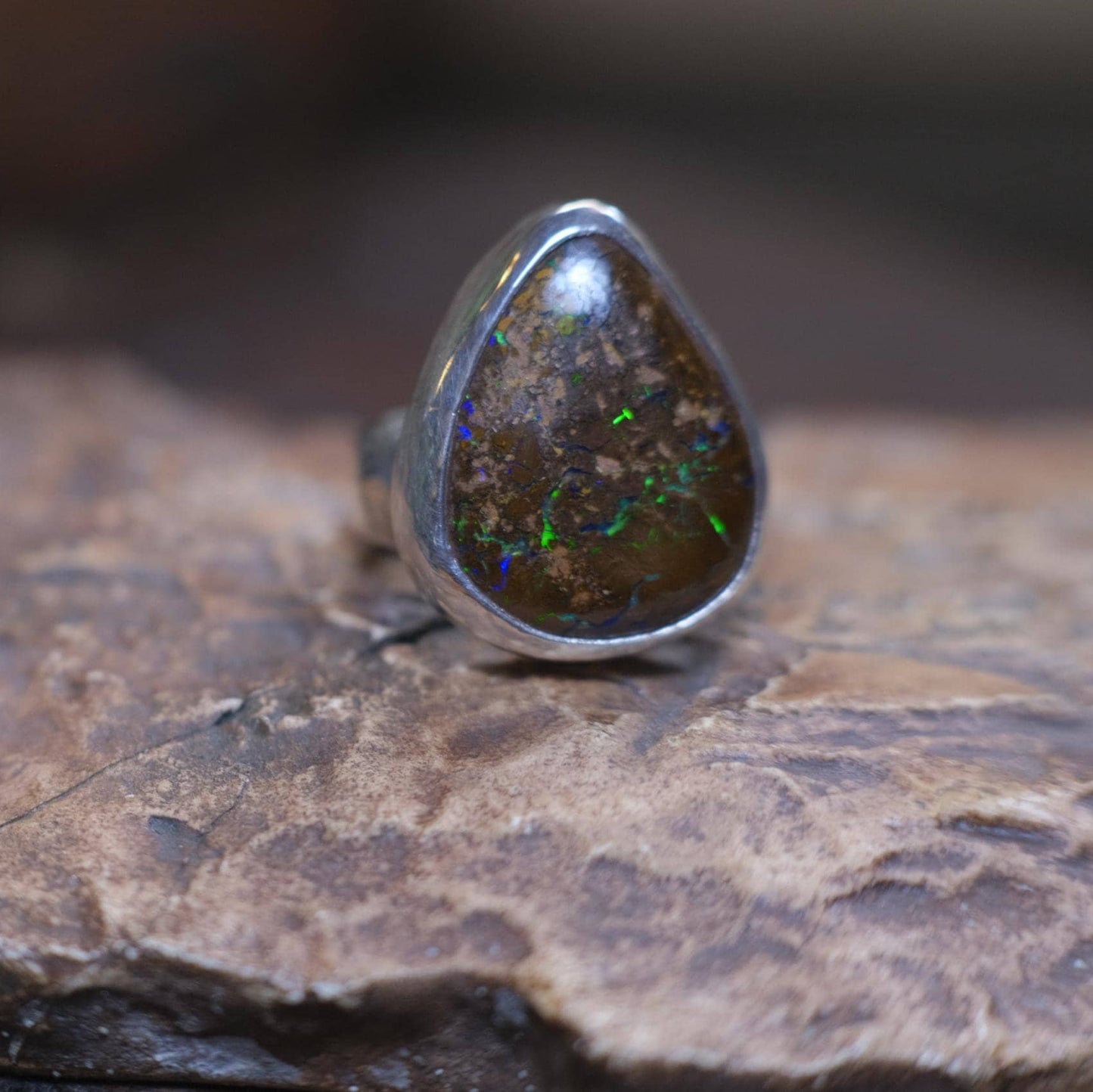 Large Bubble Banded Matrix Australian Opal and Sterling Silver Ring