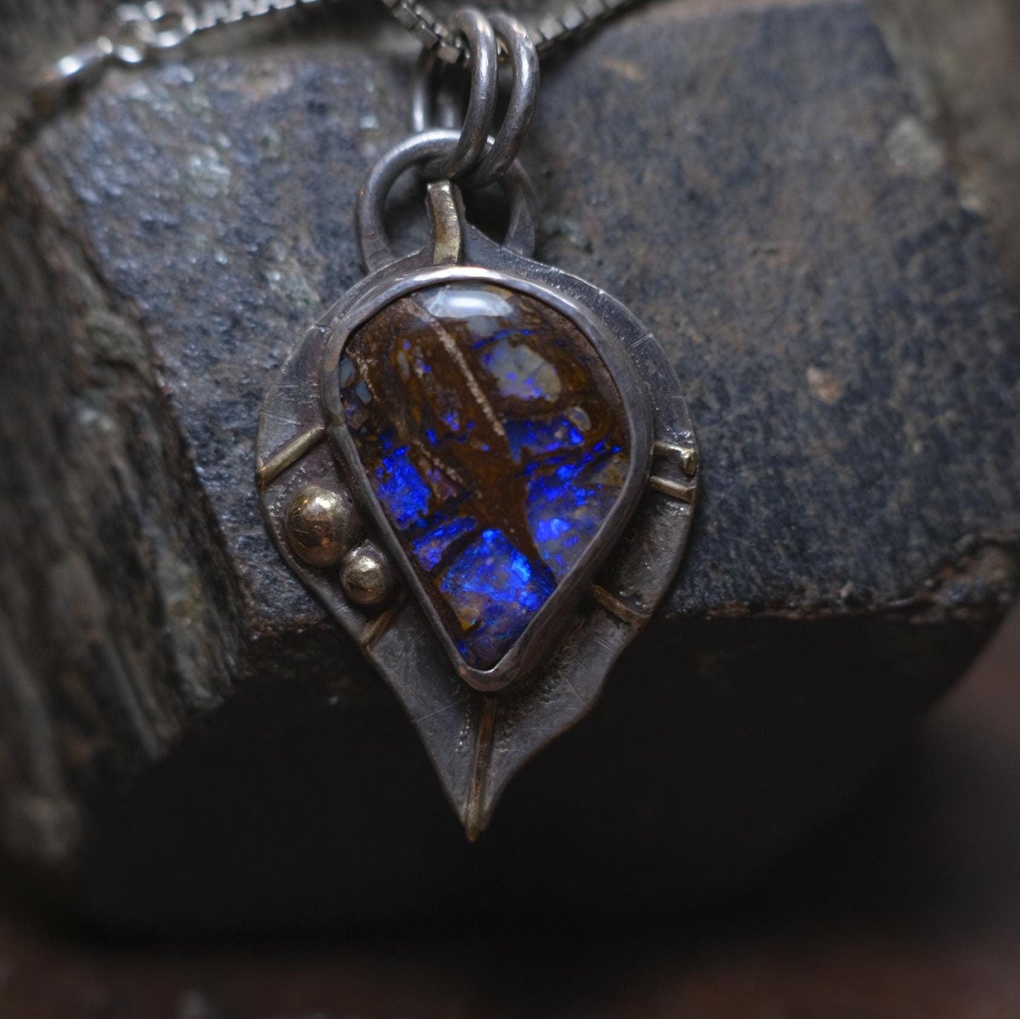 Wood Fossil Boulder Opal set in Leafy Motif Textured Silver and Gold Pendant