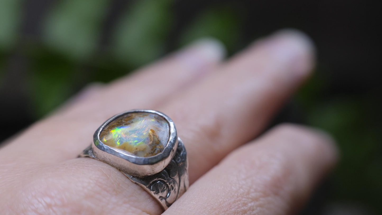 Mesmerising Colour Portal like Opal in a Unique Pirate Inspired sterling silver setting