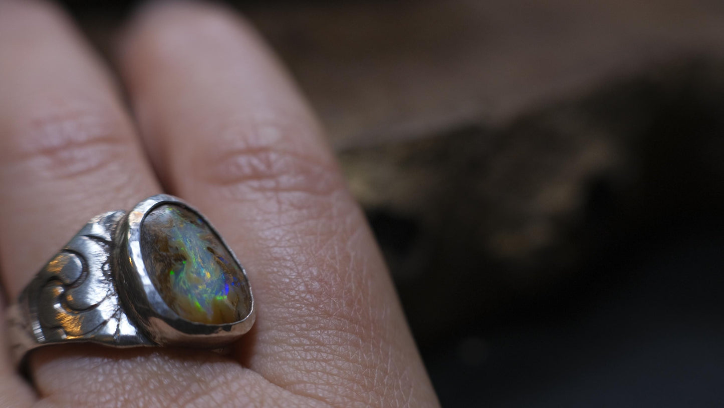 Mesmerising Colour Portal like Opal in a Unique Pirate Inspired sterling silver setting