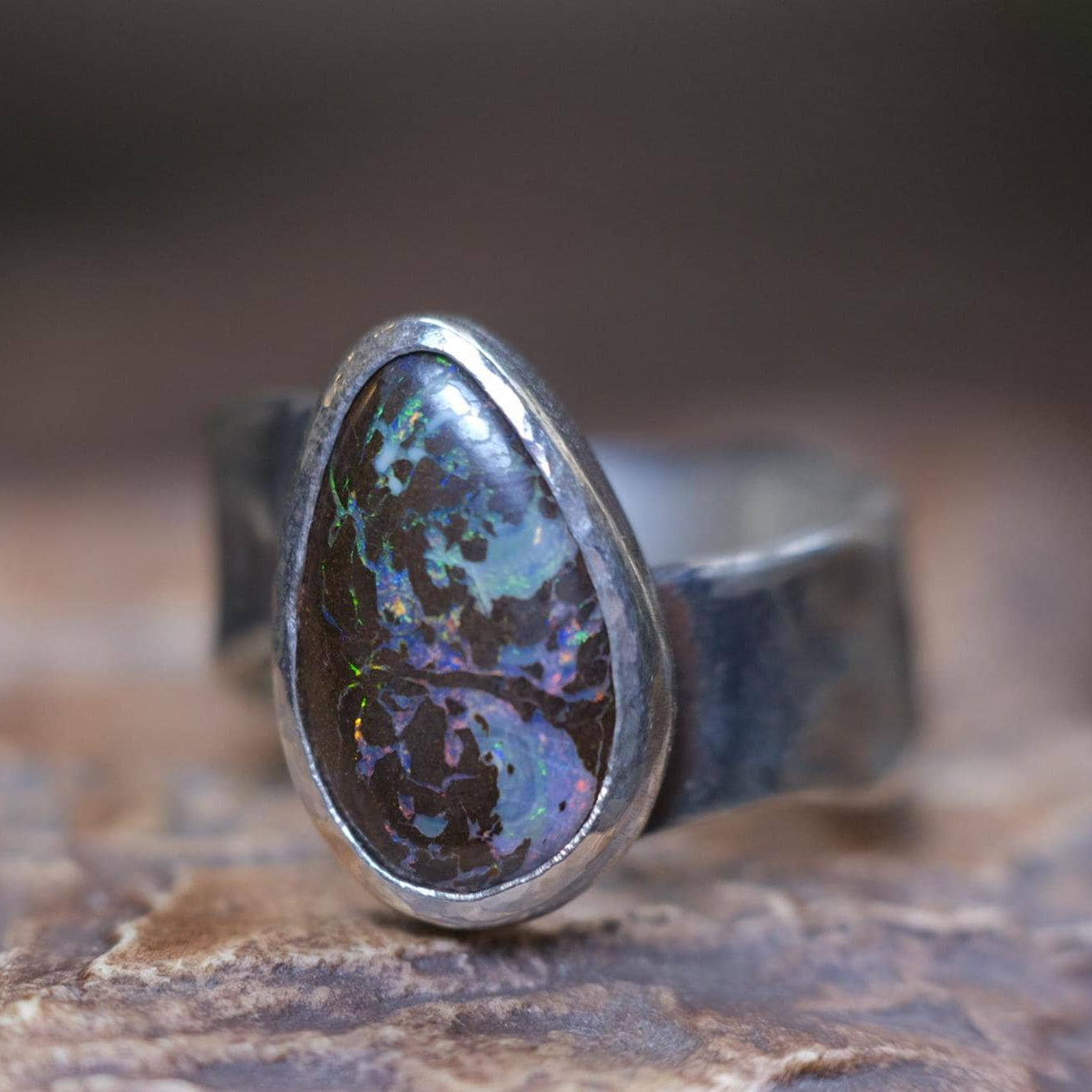 Beautiful Blue Green Australian Boulder Opal on asymetrical Sterling Silver Ring Size 8