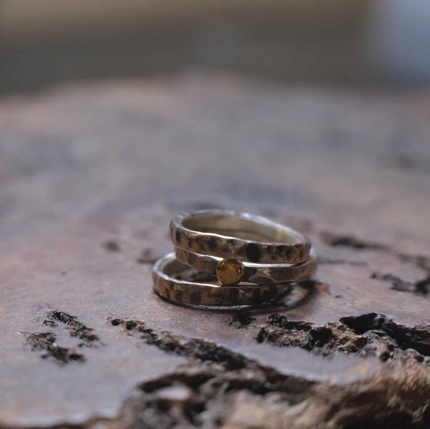 Handcrafted Hammered Sterling Silver Stacking Rings with 9ct Gold Detail Set of 3 made to size