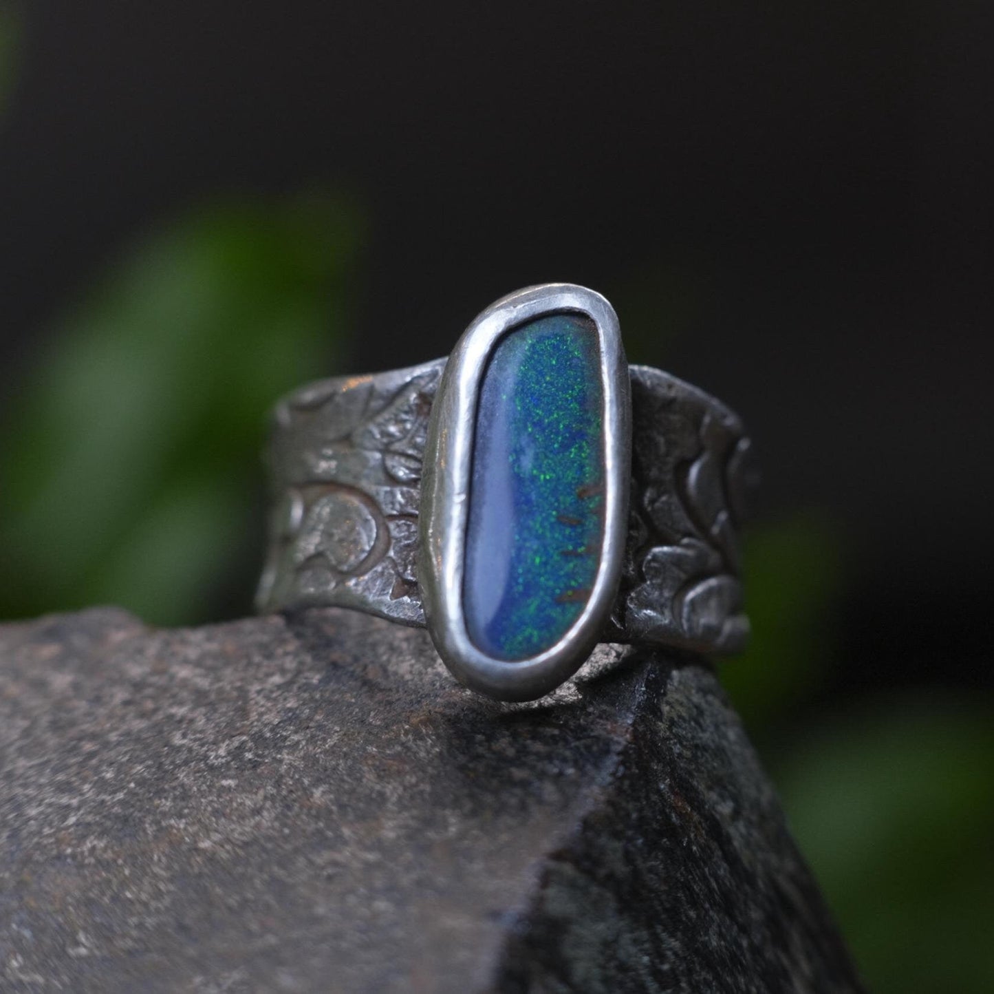 Stunning Blue Australian Opal Set in Pirate Inspired Sterling Silver