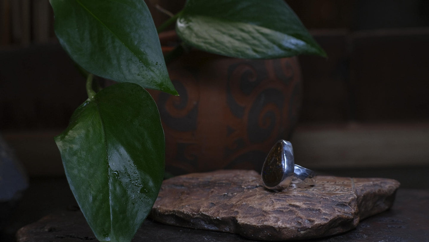 Large Bubble Banded Matrix Australian Opal and Sterling Silver Ring