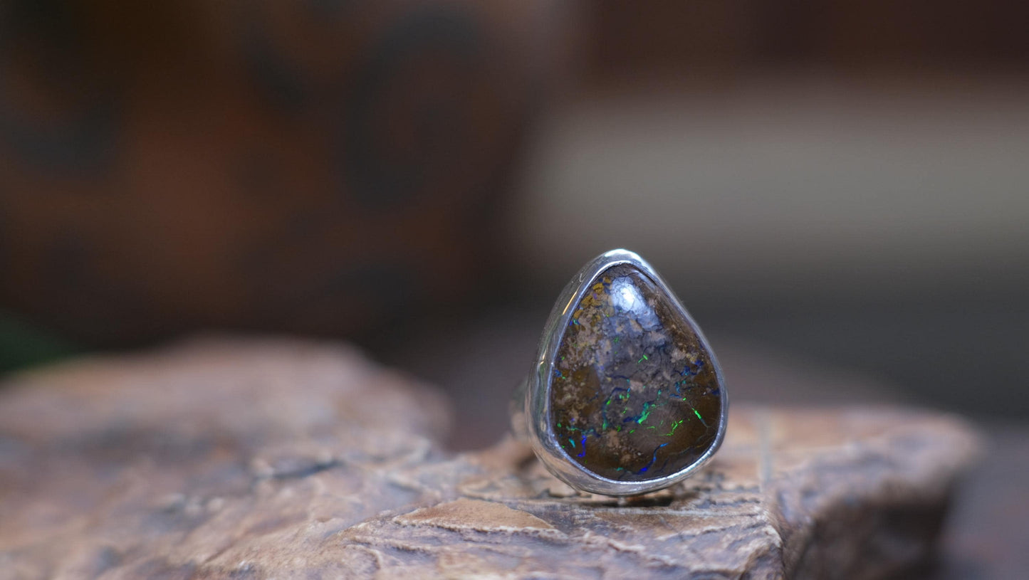 Large Bubble Banded Matrix Australian Opal and Sterling Silver Ring