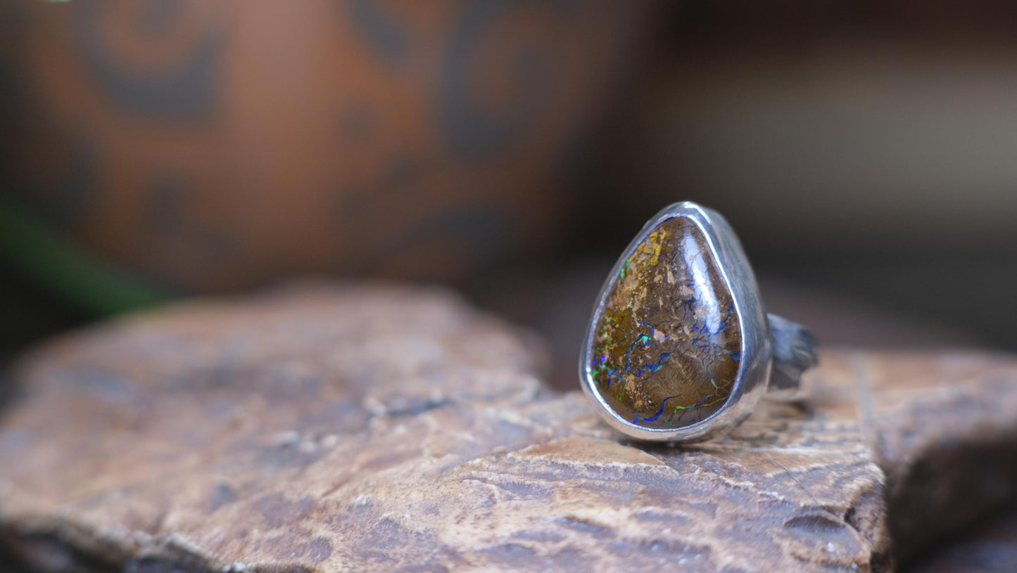 Large Bubble Banded Matrix Australian Opal and Sterling Silver Ring