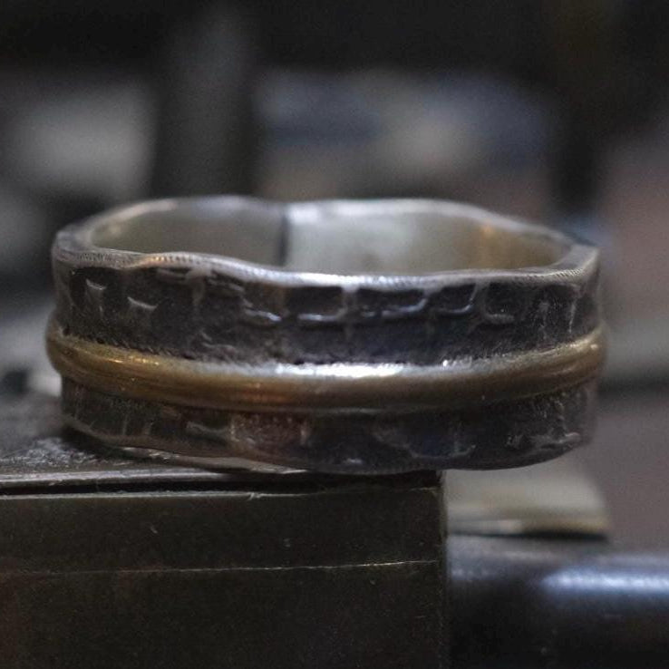 OOAK Textured Sterling Silver and 9ct Gold Ring with Size 8.5