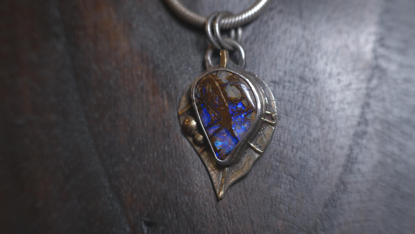Wood Fossil Boulder Opal set in Leafy Motif Textured Silver and Gold Pendant
