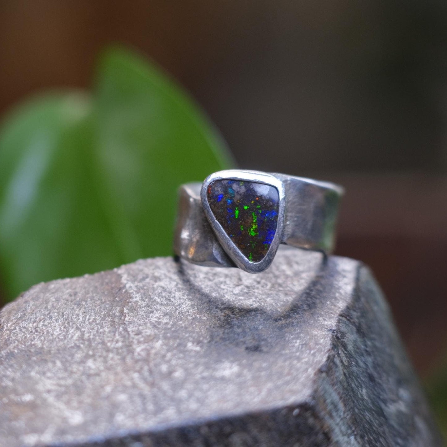 Dazzling Australian Boulder Opal on Asymetrical Sterling Silver RIng Size 10