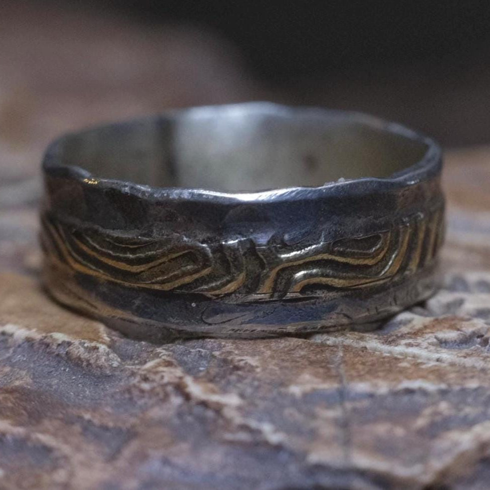 READY: OOAK Songlines Sterling Silver and 9ct Gold Ring with Size 7