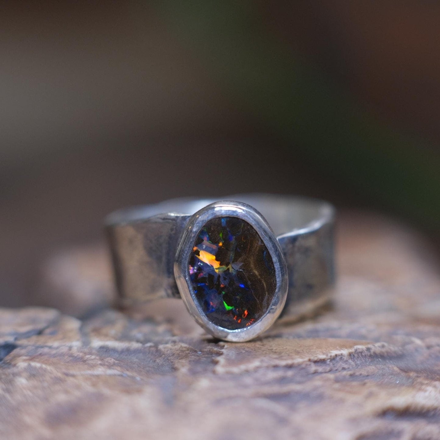 Rainbow Australian Boulder Opal on asymetrical Sterling Silver RIng Size 8.5