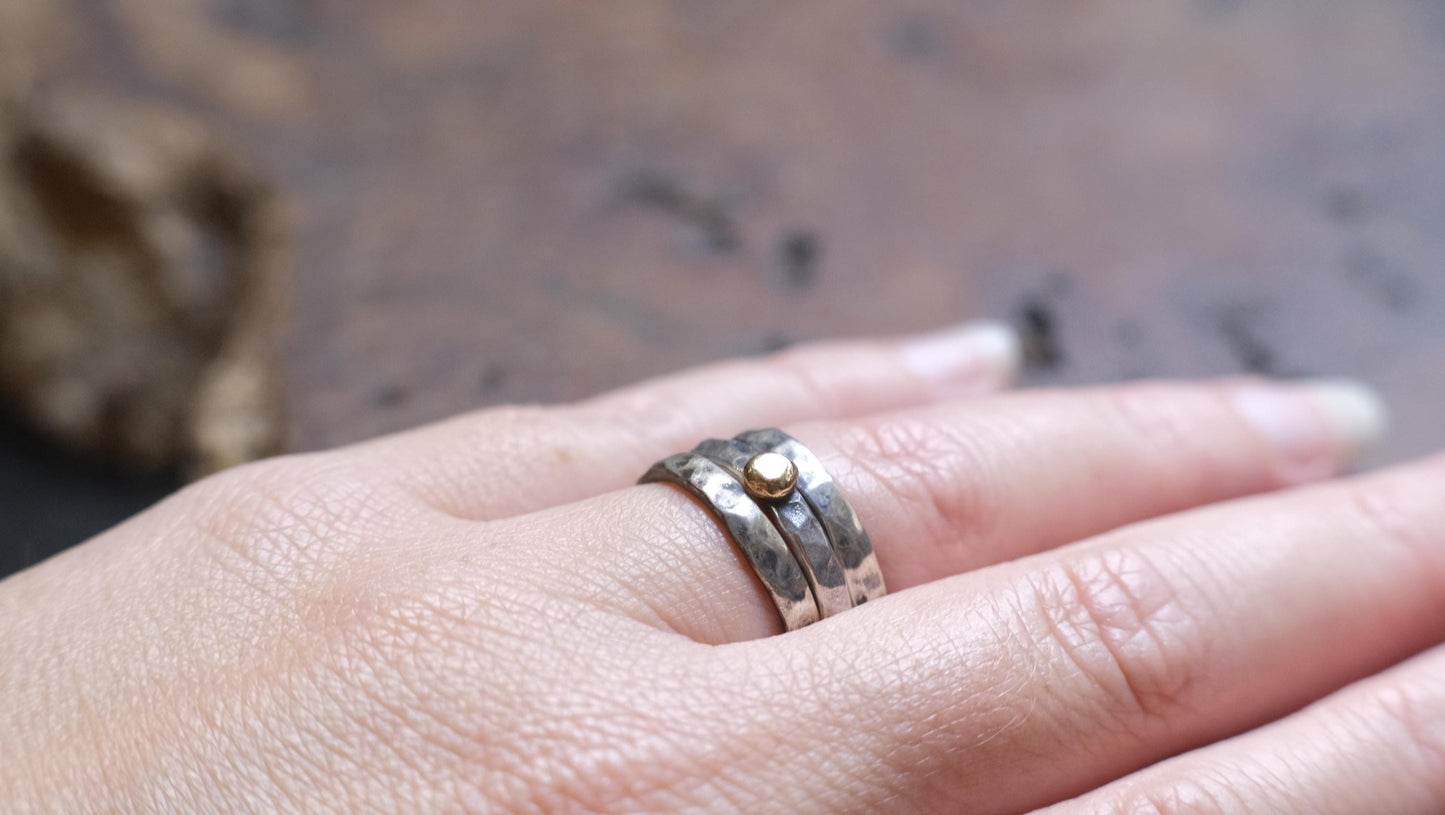 Handcrafted Hammered Sterling Silver Stacking Rings with 9ct Gold Detail Set of 3 made to size