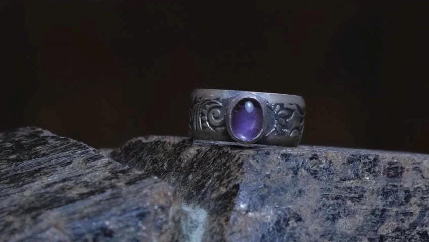 Natural Amethyst Set on Paisley Textured Wide Banded Sterling Silver Ring US Size 6 3/4