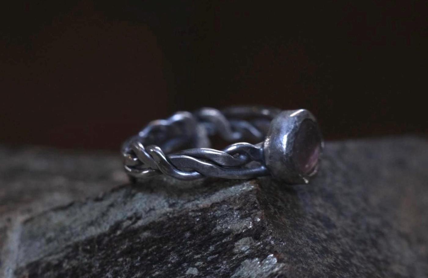 Pink Tourmaline and Braided Sterling Silver Ring Size 7