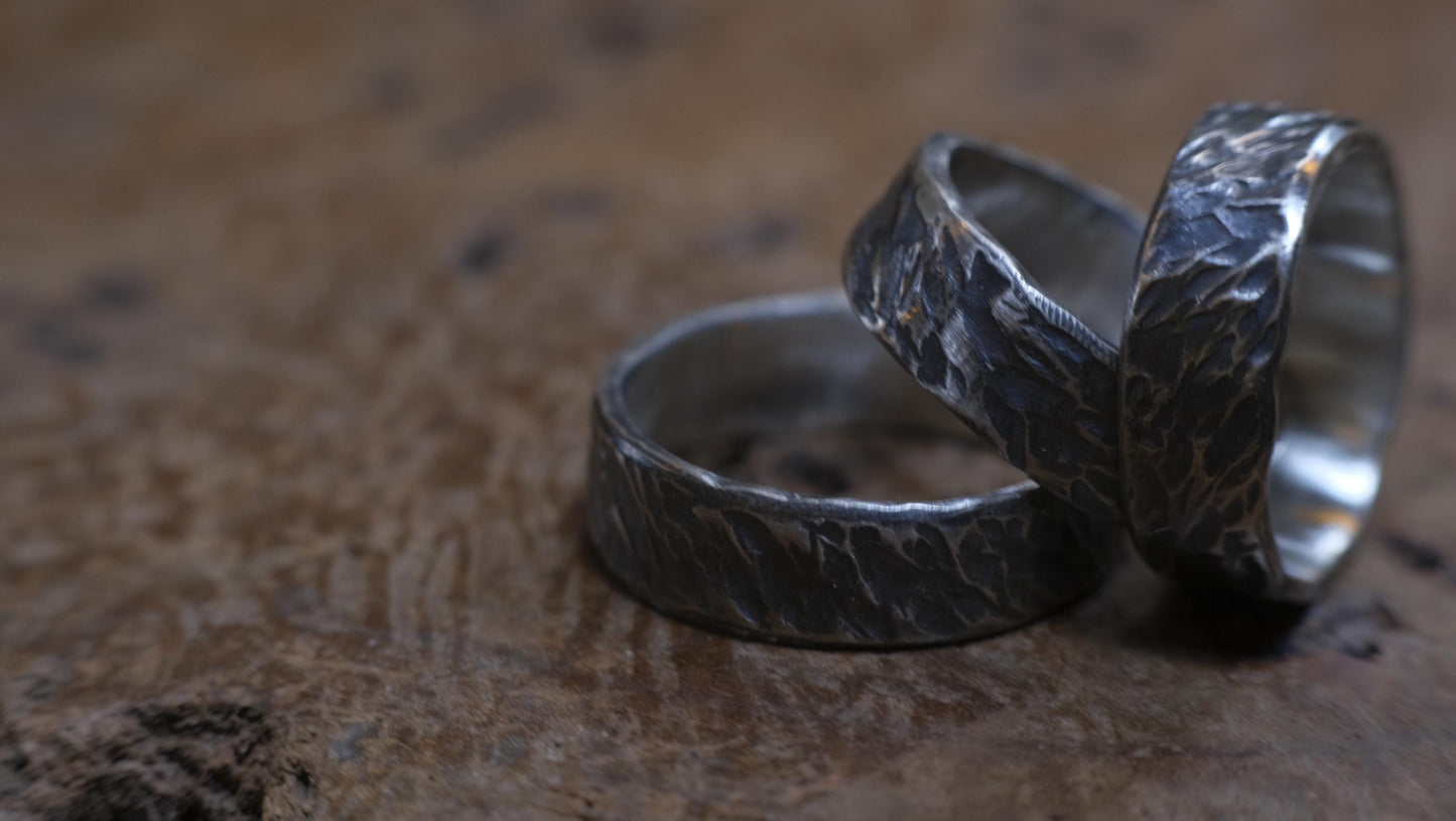Bark Texture Oxidised Silver Ring / Band US Sizes
