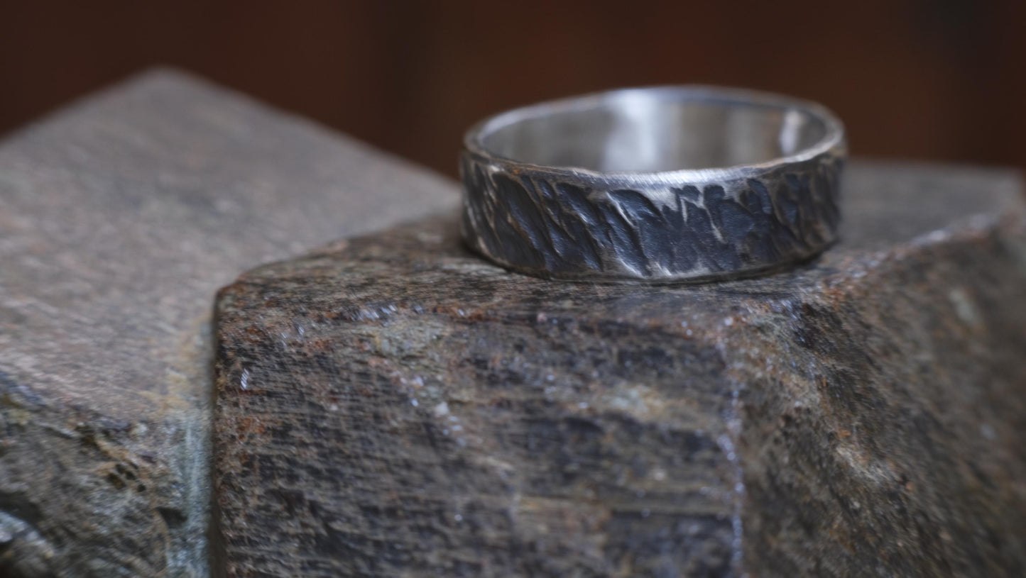 Bark Texture Oxidised Silver Ring / Band US Sizes
