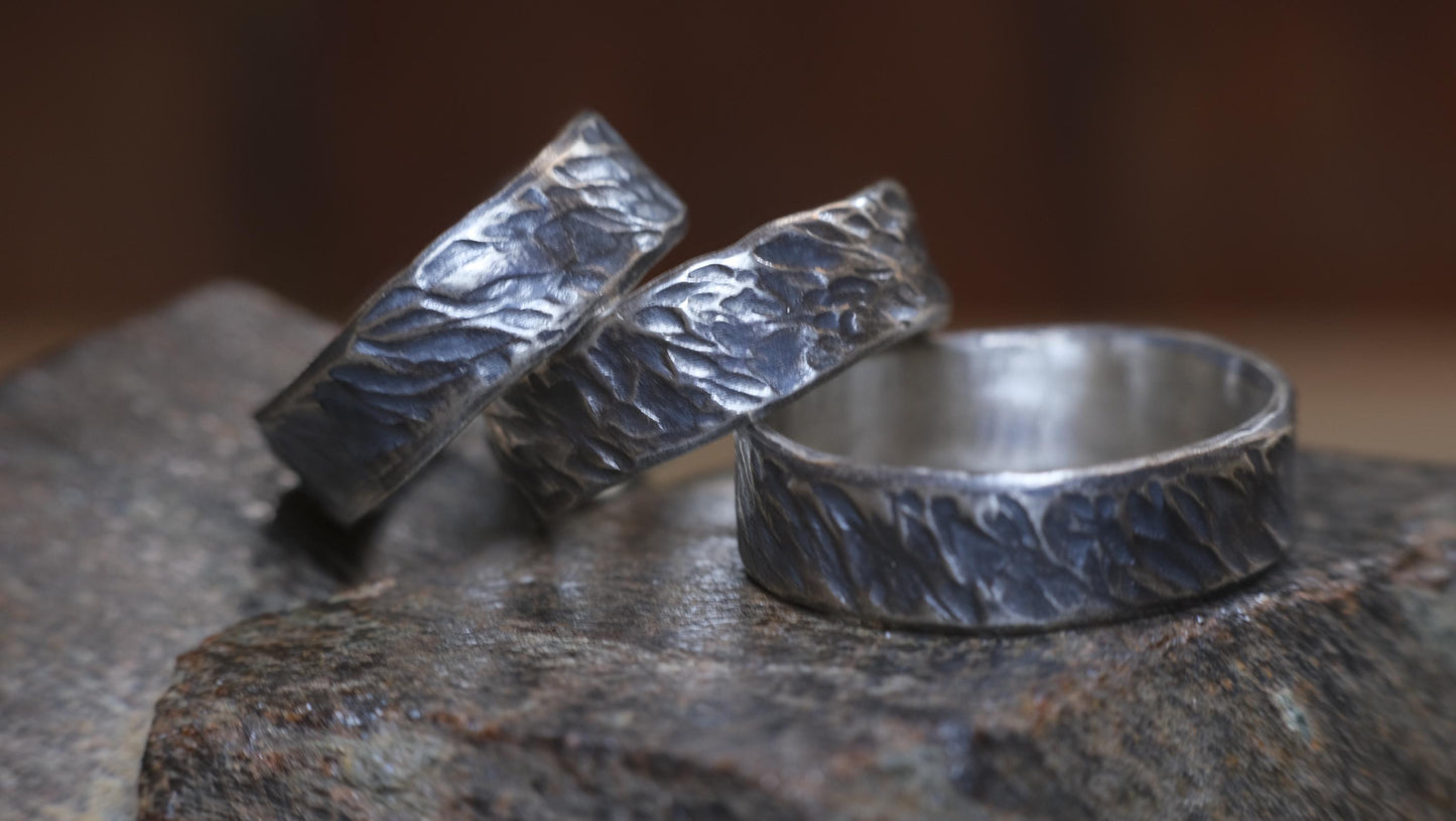 Bark Texture Oxidised Silver Ring / Band US Sizes