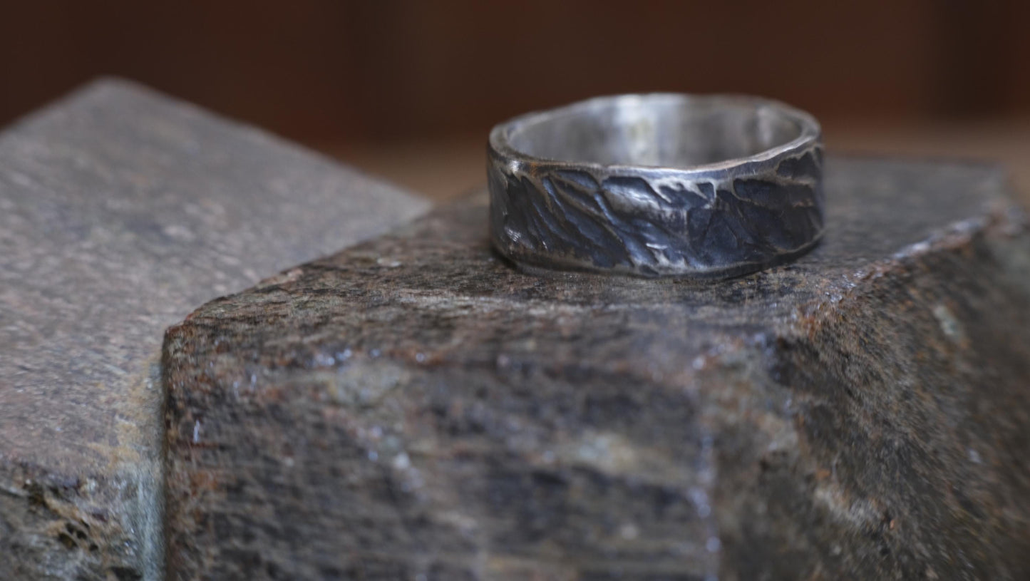 Bark Texture Oxidised Silver Ring / Band US Sizes